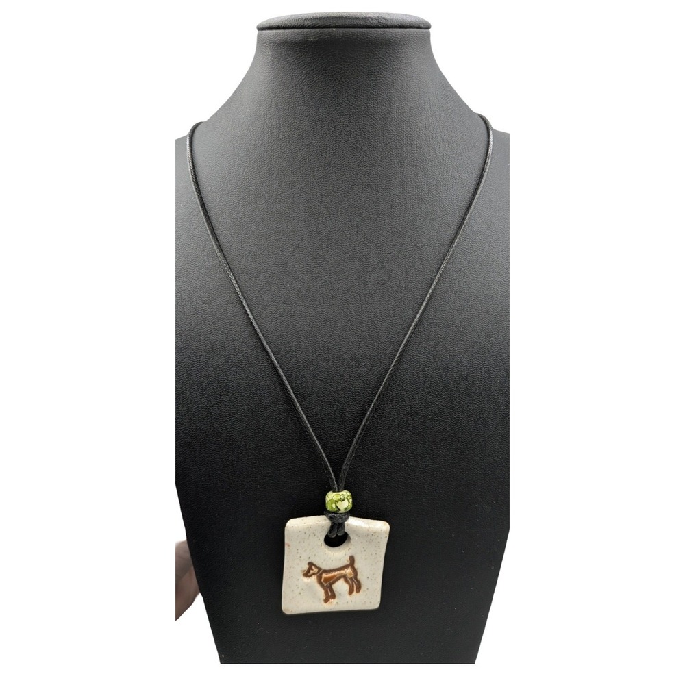 Handmade Ceramic Dog Pendant Necklace Speckled Clay Green Bead Black Cord 32"